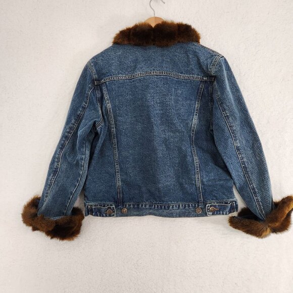 Jean Jacket With Faux Fur Brown Blue Large Vintage - Picture 8 of 9